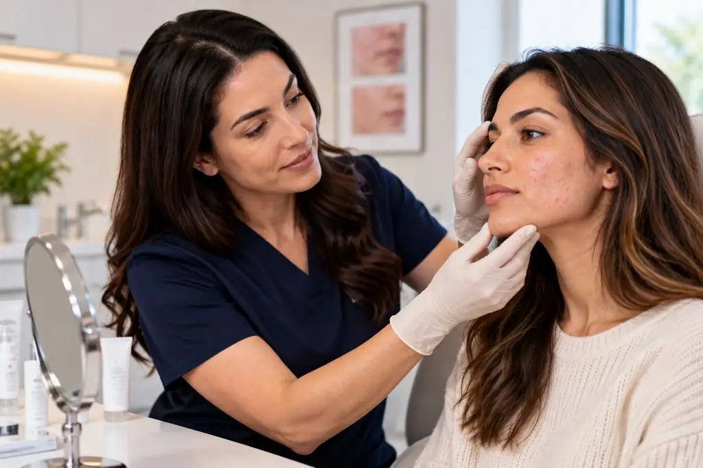 Dermatologist examining mild acne on a woman's cheek.