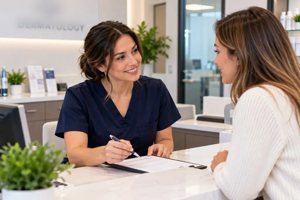 Woman checking in for a dermatology appointment at a front desk.