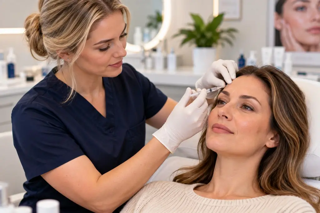 Provider giving a cosmetic injection to a relaxed woman.