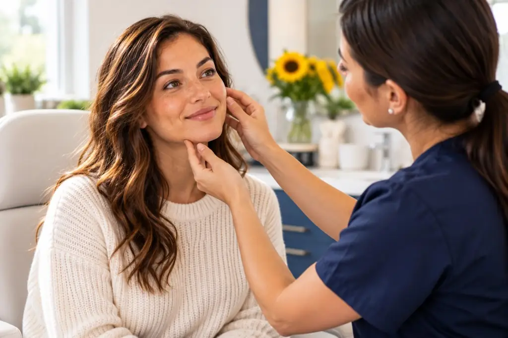 Woman with healthy skin during a cosmetic dermatology consultation.