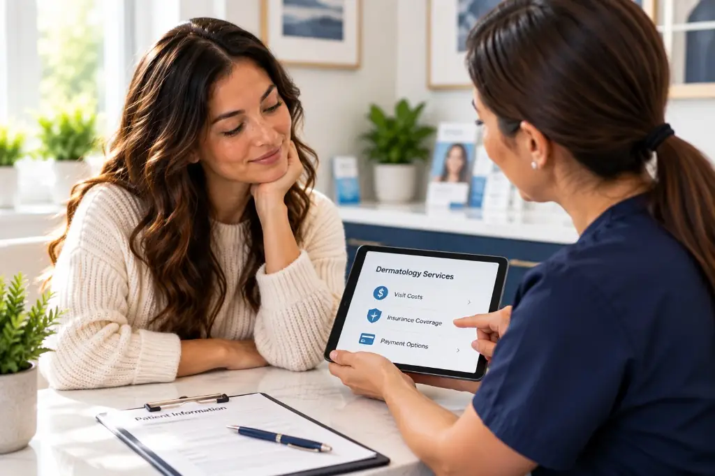 Woman reviewing dermatology services and costs on a tablet with a staff member.