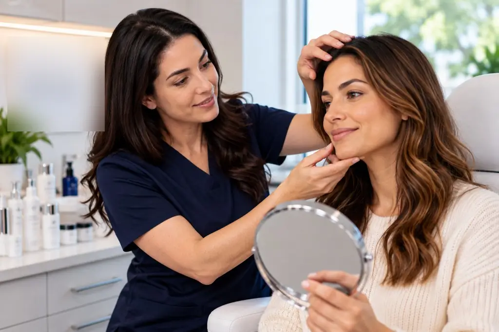 Dermatology provider checking a woman's skin while she holds a mirror.