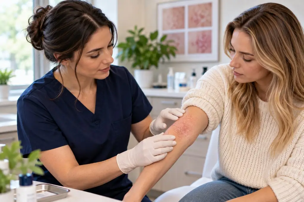 Dermatologist examining a dry, irritated patch on a woman's arm.