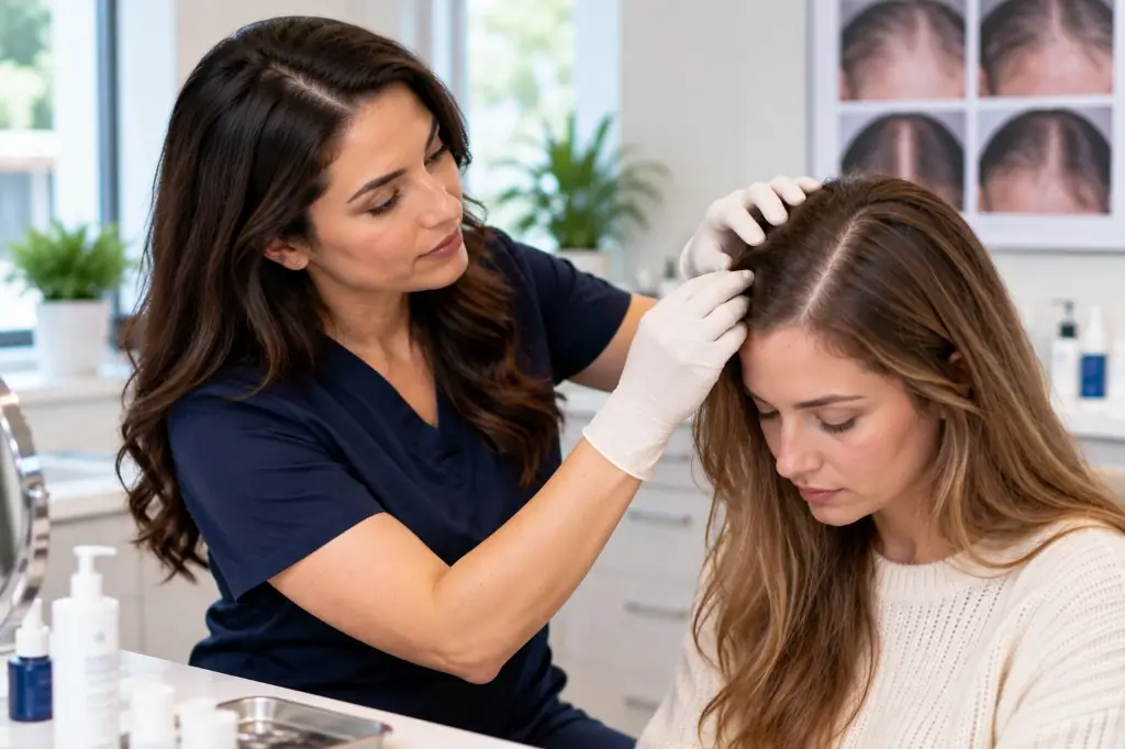 Dermatologist examining a woman's scalp and hair part.