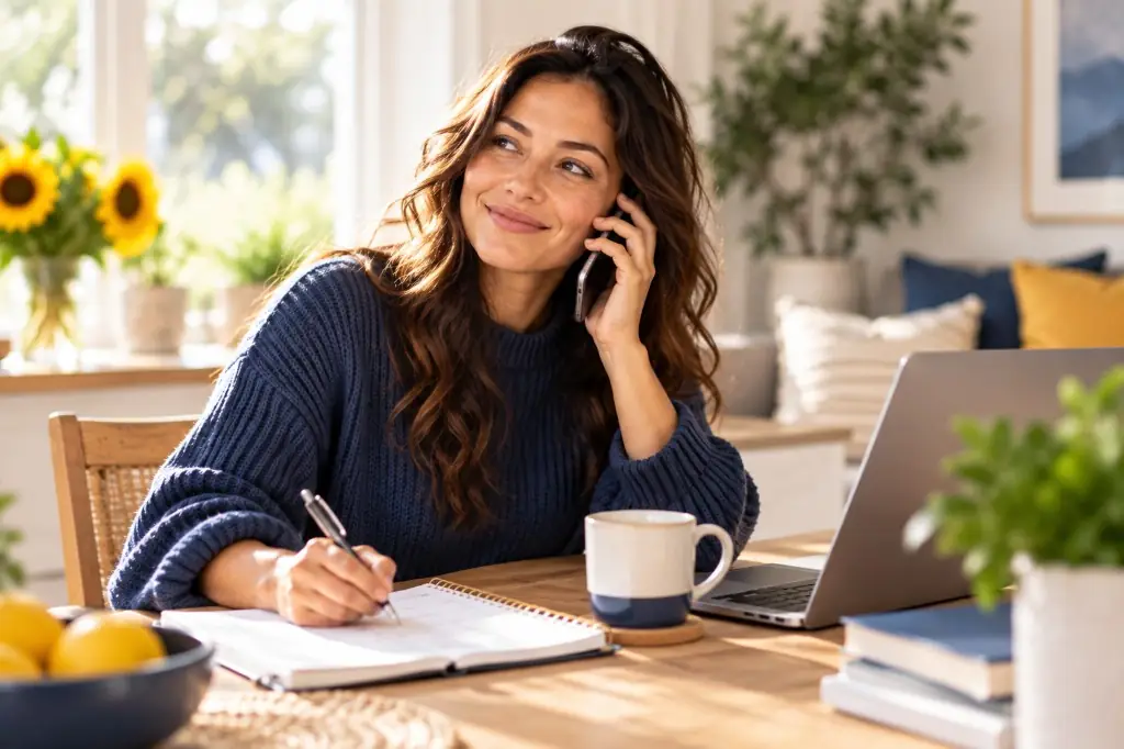 Woman at home on the phone, writing down appointment times.