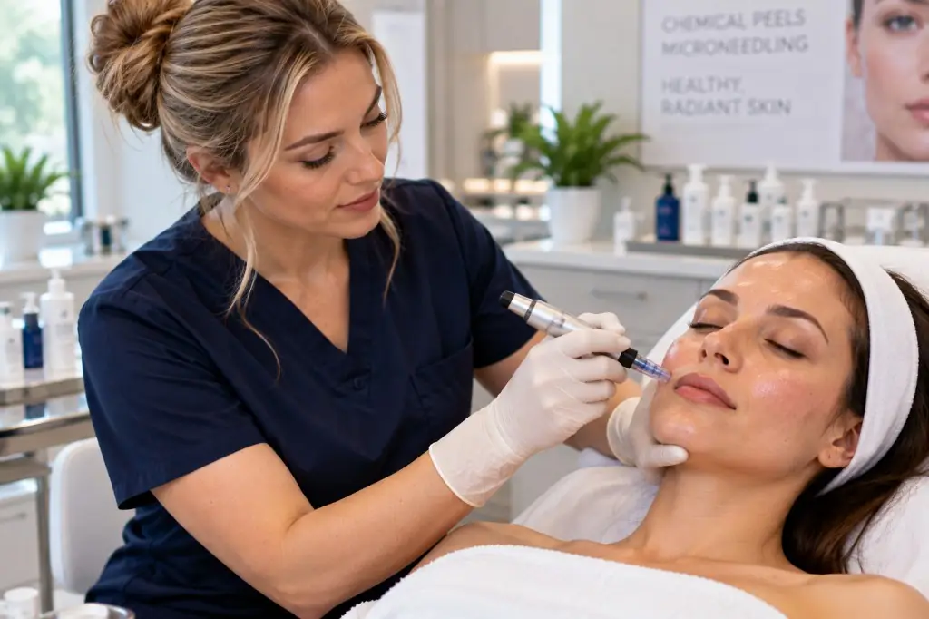 Provider performing a microneedling skin treatment on a relaxed woman.