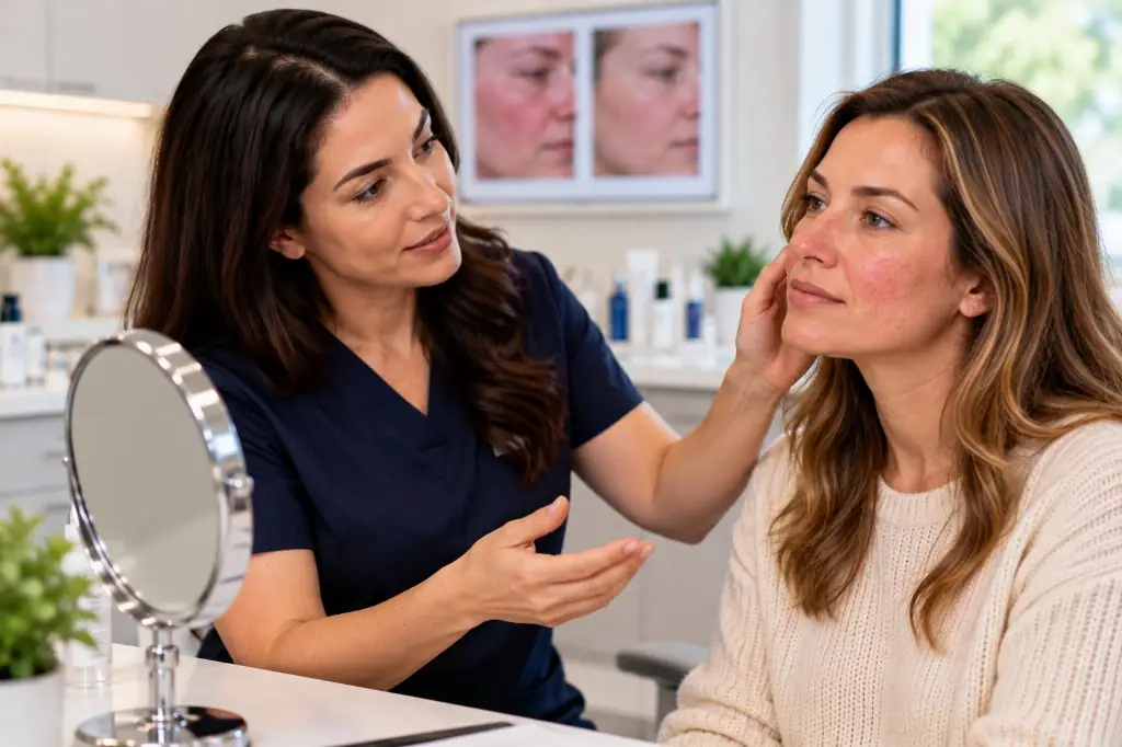 Dermatologist talking with a woman about facial redness.