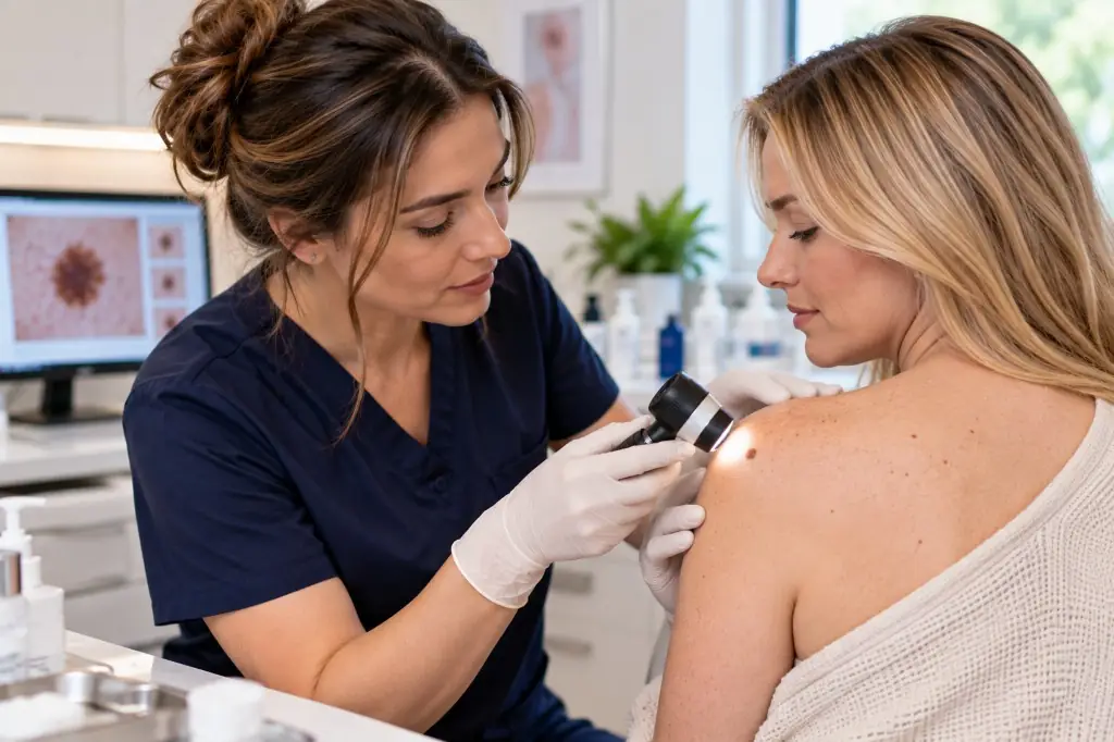 Dermatologist checking a mole on a woman's shoulder.