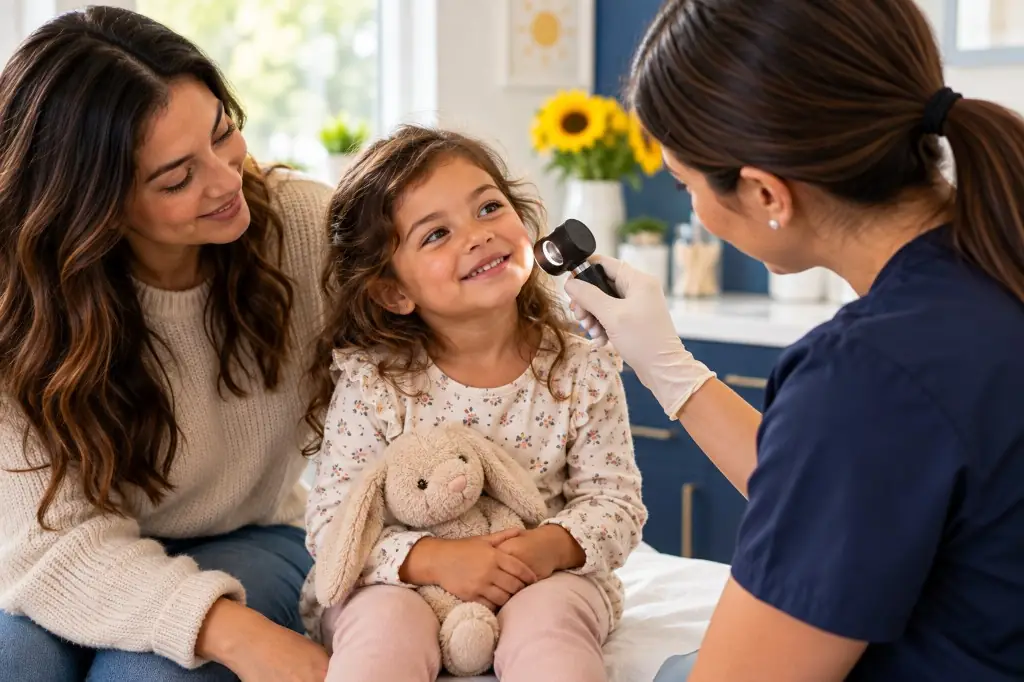 Mother and young daughter at a friendly dermatology visit.