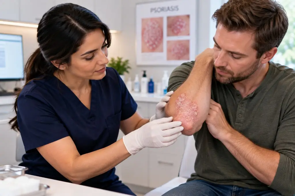 Dermatologist examining a psoriasis patch on a man's elbow.