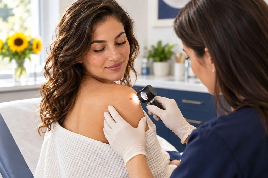 Dermatologist checking a spot on a woman's shoulder with a dermatoscope.